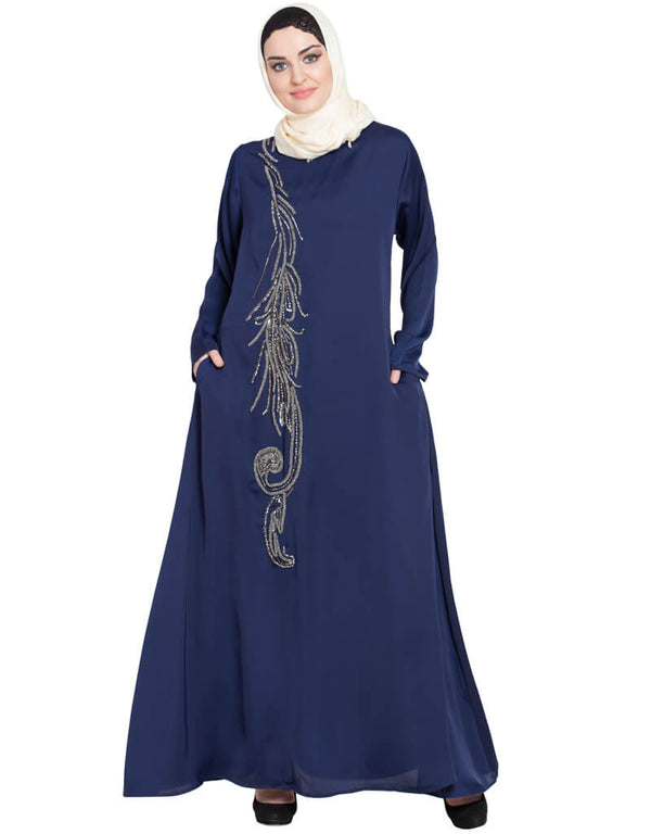 Dubai Front Embroidered Umbrella Abaya Navy Blue Women Online shopping USA