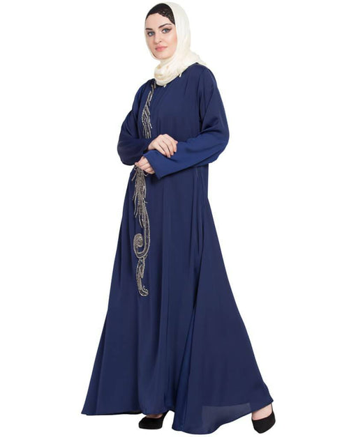 Dubai Front Embroidered Umbrella Abaya Navy Blue