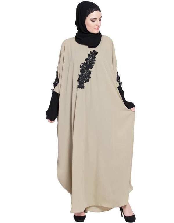 Islamic embellished patch contrast sleeve Kaftan Cream Women Online shopping USA