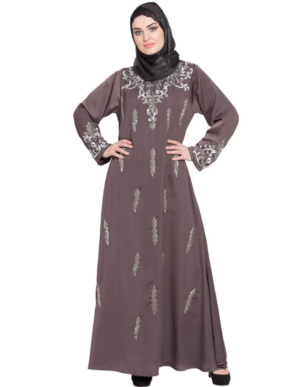 Arabic Full Hand embellished A line Nida Abaya Brown Women Online shopping USA