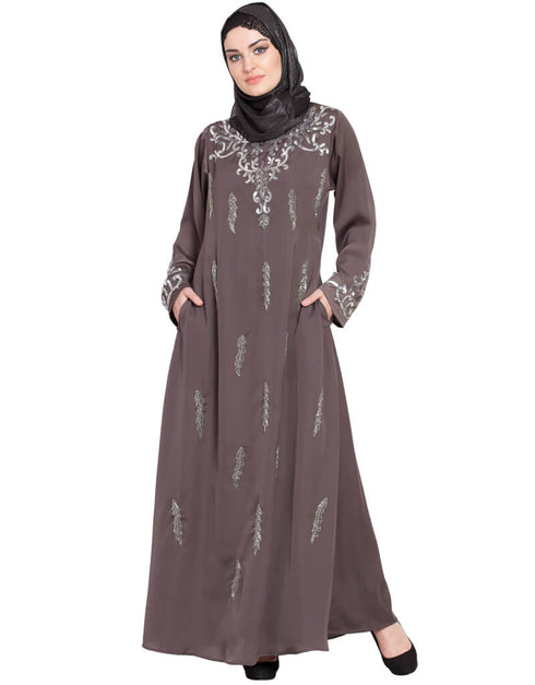 Arabic Full Hand embellished A line Nida Abaya Brown Women Online shopping USA