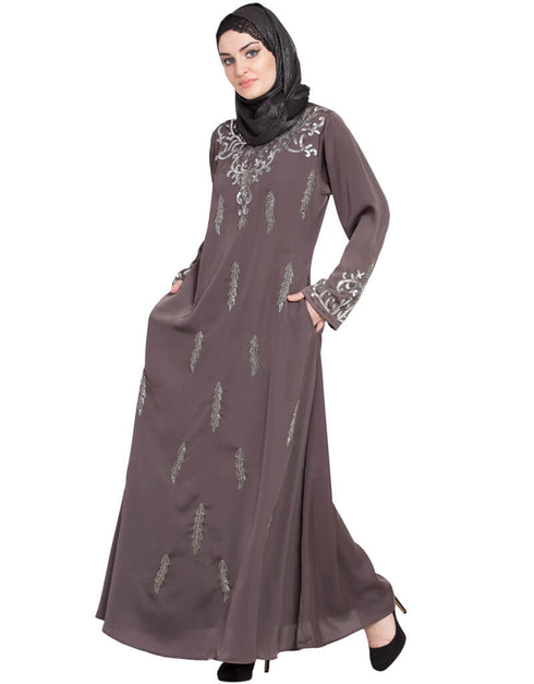 Arabic Full Hand embellished A line Nida Abaya Brown Women Online shopping USA