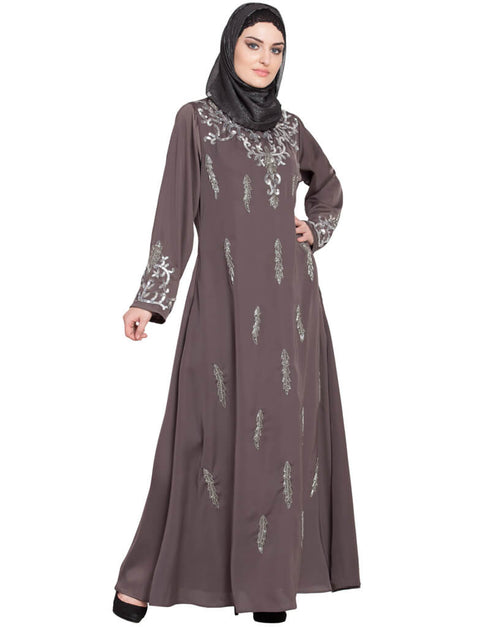 Arabic Full Hand embellished A line Nida Abaya Brown Women Online shopping USA