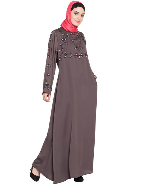 Women Hand embroidered at chest and sleeve A line Nida abaya Brown Women Online shopping USA