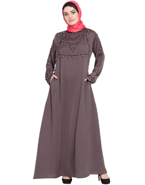 Women Hand embroidered at chest and sleeve A line Nida abaya Brown Women Online shopping USA