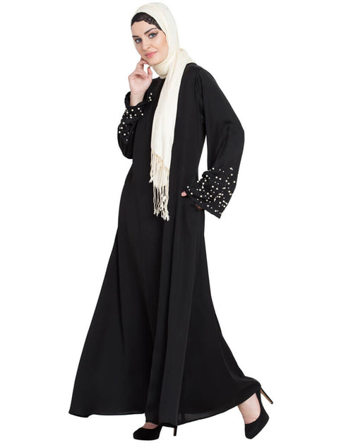 Trendy hand embroidered with Pearl at sleeve A line Nida Abaya Black Women Online shopping USA