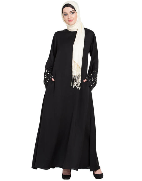 Trendy hand embroidered with Pearl at sleeve A line Nida Abaya Black Women Online shopping USA