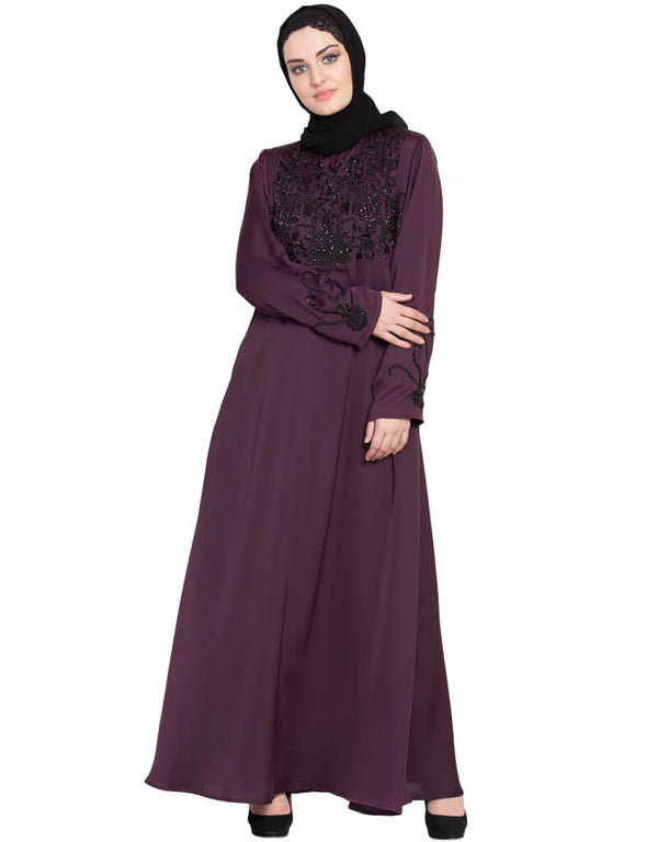 Modern embellishment at chest and sleeve A line Nida Abaya Wine Women Online shopping USA