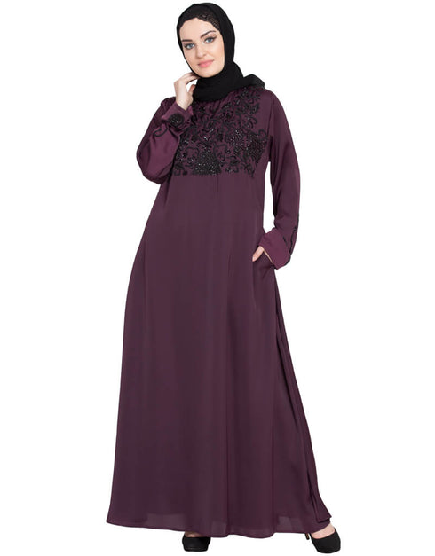 Modern embellishment at chest and sleeve A line Nida Abaya Wine Women Online shopping USA