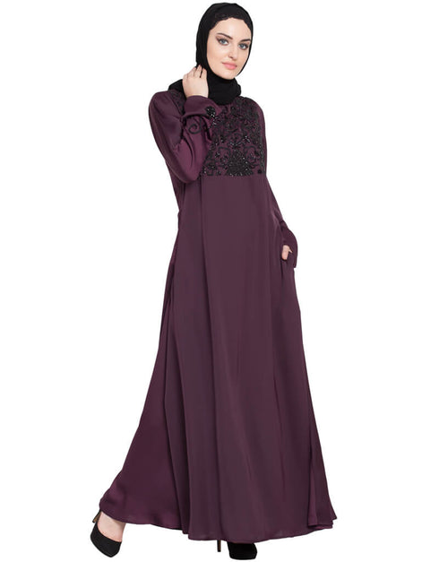 Modern embellishment at chest and sleeve A line Nida Abaya Wine Women Online shopping USA