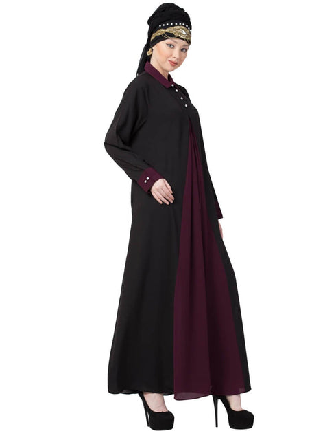 Arabic Contrast Yoke Black Wine Casual Abaya Black