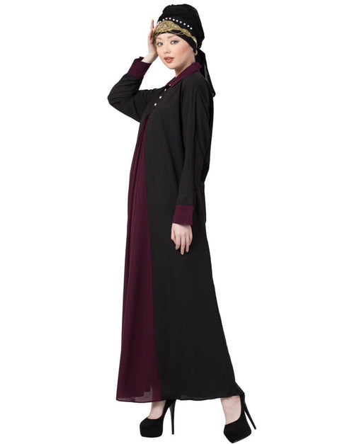 Arabic Contrast Yoke Black Wine Casual Abaya Black