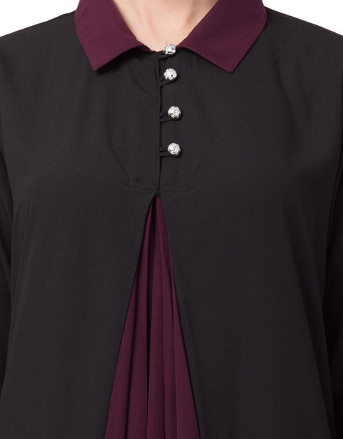 Arabic Contrast Yoke Black Wine Casual Abaya Black