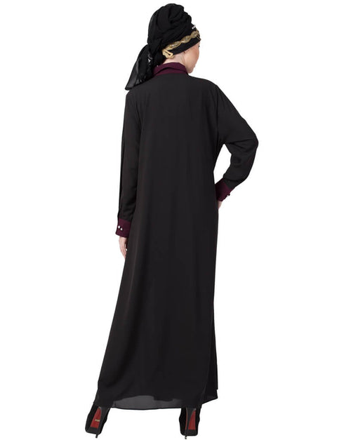 Arabic Contrast Yoke Black Wine Casual Abaya Black
