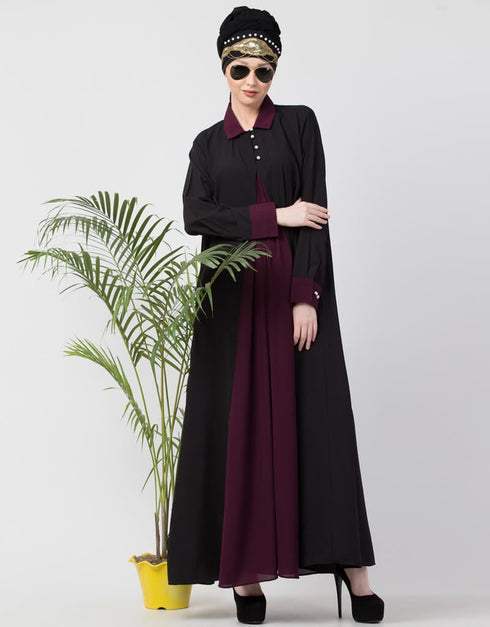 Arabic Contrast Yoke Black Wine Casual Abaya Black