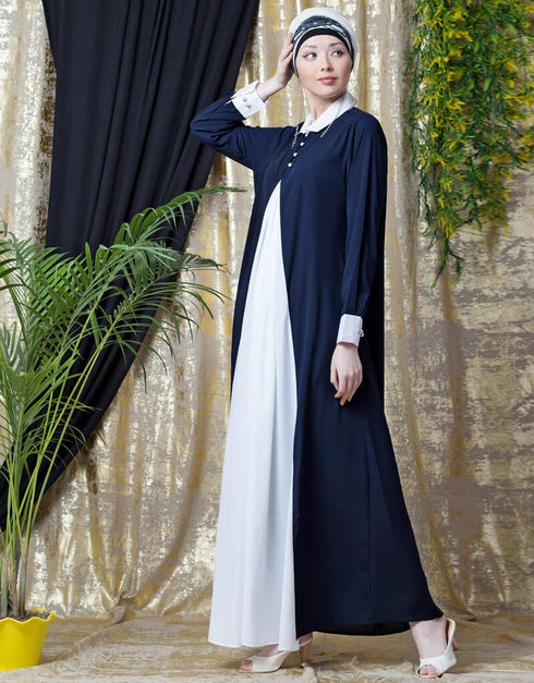 Women Contrast Yoke Black White Casual Abaya Navy Blue