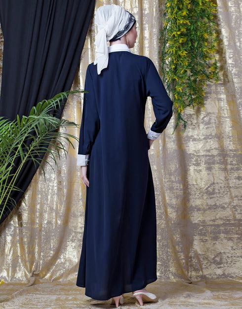 Women Contrast Yoke Black White Casual Abaya Navy Blue