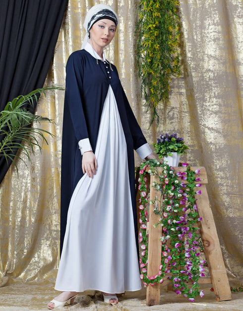 Women Contrast Yoke Black White Casual Abaya Navy Blue