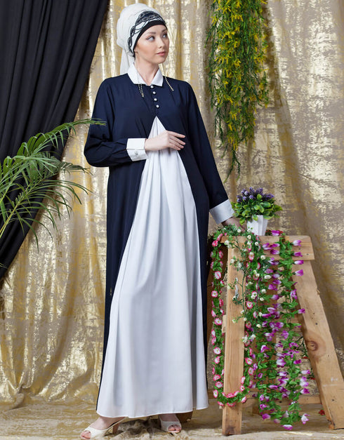 Women Contrast Yoke Black White Casual Abaya Navy Blue