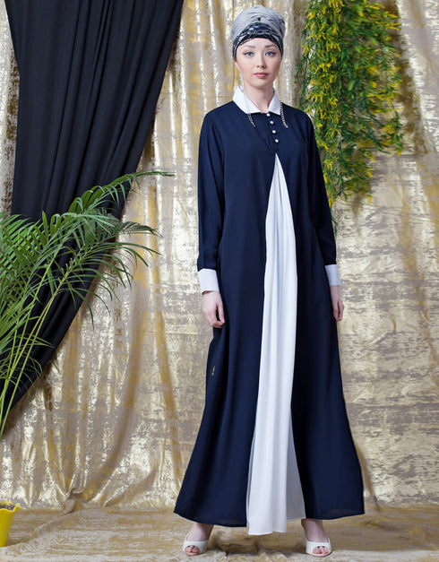 Women Contrast Yoke Black White Casual Abaya Navy Blue