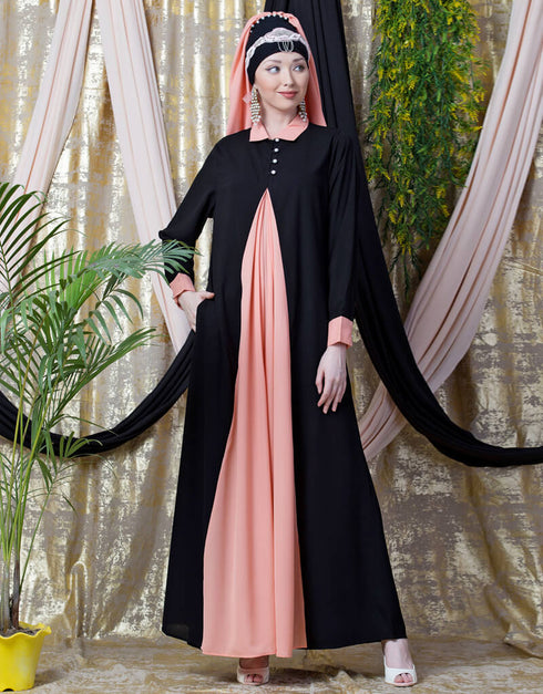 Muslimah Contrast Yoke Black Peach Casual Abaya Peach