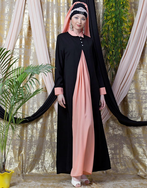 Muslimah Contrast Yoke Black Peach Casual Abaya Peach