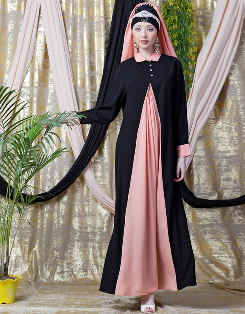 Muslimah Contrast Yoke Black Peach Casual Abaya Peach
