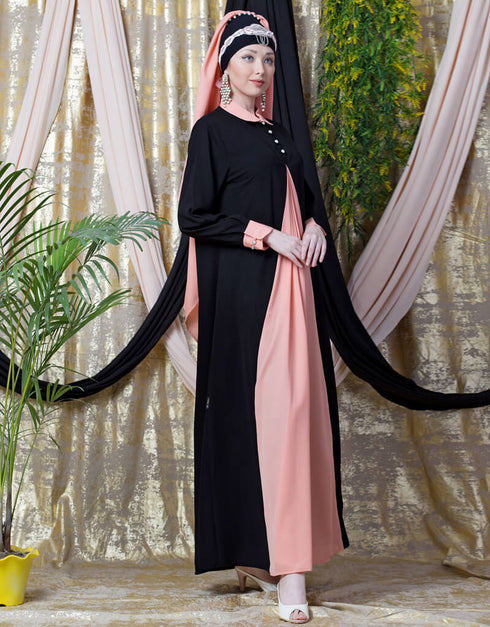 Muslimah Contrast Yoke Black Peach Casual Abaya Peach