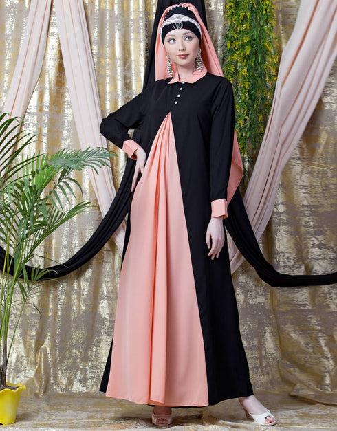 Muslimah Contrast Yoke Black Peach Casual Abaya Peach