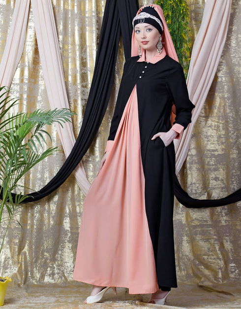 Muslimah Contrast Yoke Black Peach Casual Abaya Peach