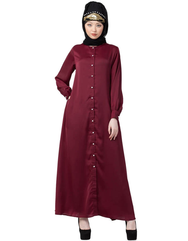 Chic Decorative Button Front Open Nida Abaya Maroon