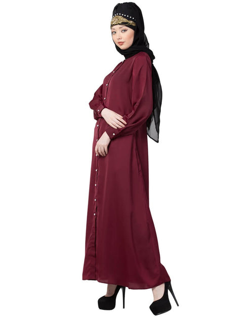 Chic Decorative Button Front Open Nida Abaya Maroon