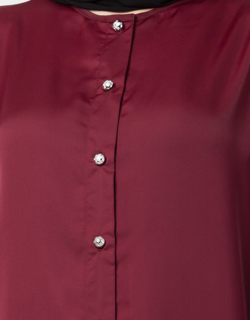 Chic Decorative Button Front Open Nida Abaya Maroon