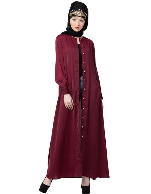 Chic Decorative Button Front Open Nida Abaya Maroon