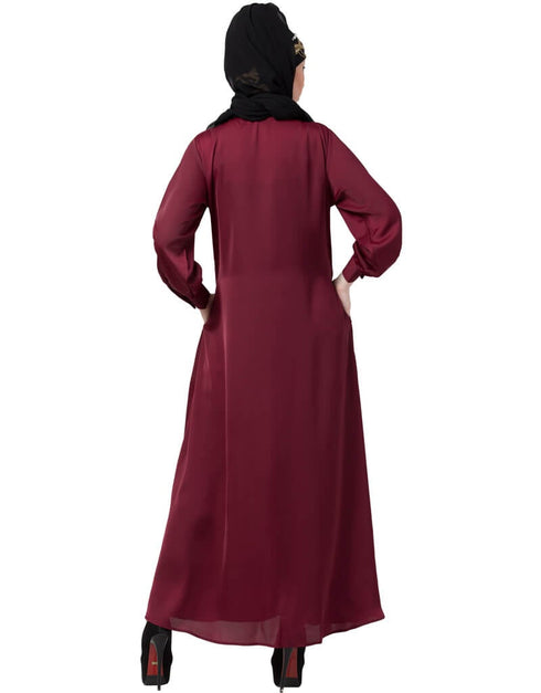 Chic Decorative Button Front Open Nida Abaya Maroon