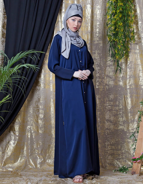 Trendy Decorative Button Front Open Nida Abaya Navy Blue