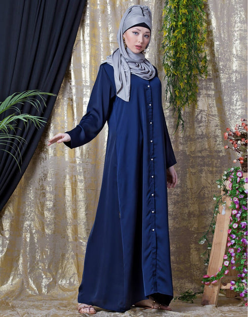 Trendy Decorative Button Front Open Nida Abaya Navy Blue