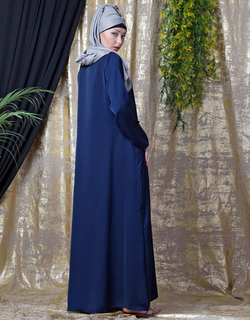 Trendy Decorative Button Front Open Nida Abaya Navy Blue