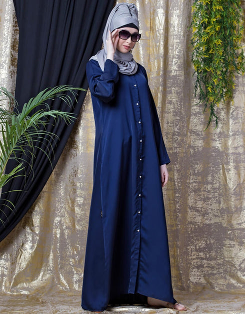 Trendy Decorative Button Front Open Nida Abaya Navy Blue