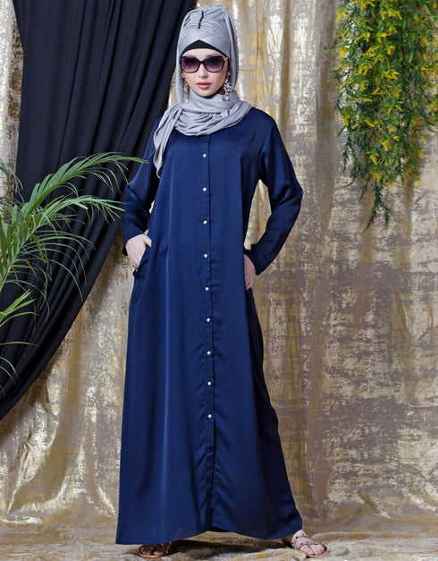 Trendy Decorative Button Front Open Nida Abaya Navy Blue
