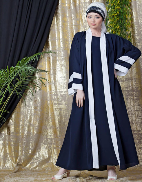 Modern contrast band with inner Dubai Kaftan Navy Blue