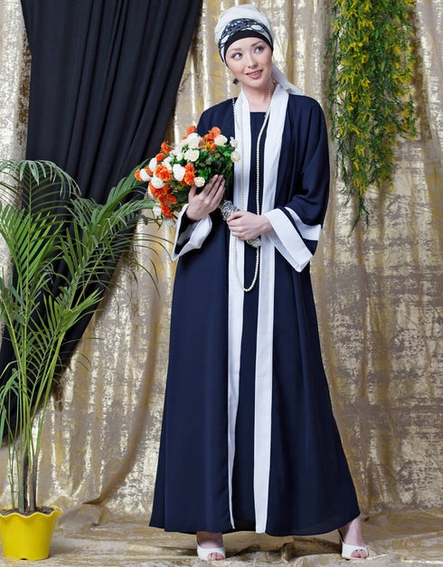 Modern contrast band with inner Dubai Kaftan Navy Blue