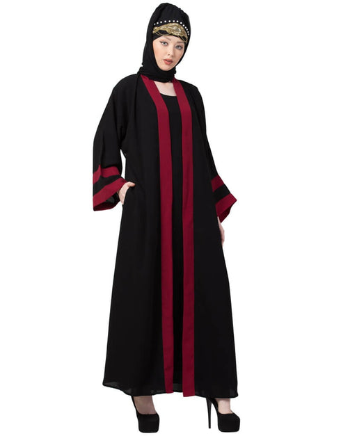 Muslim contrast band with inner Dubai Kaftan Maroon