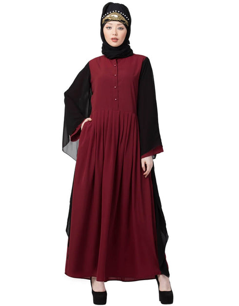 Islamic Contrast Butterfly Sleeve Pleated Abaya Maroon