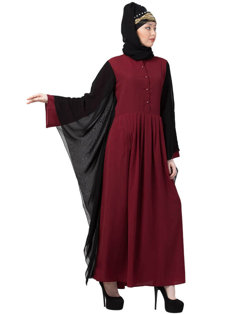 Islamic Contrast Butterfly Sleeve Pleated Abaya Maroon