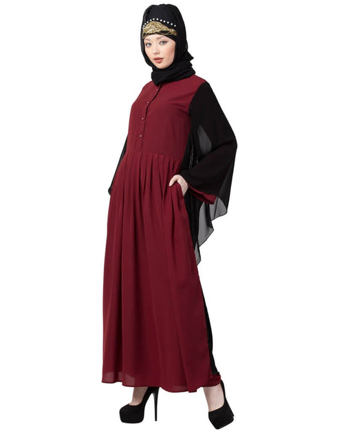 Islamic Contrast Butterfly Sleeve Pleated Abaya Maroon