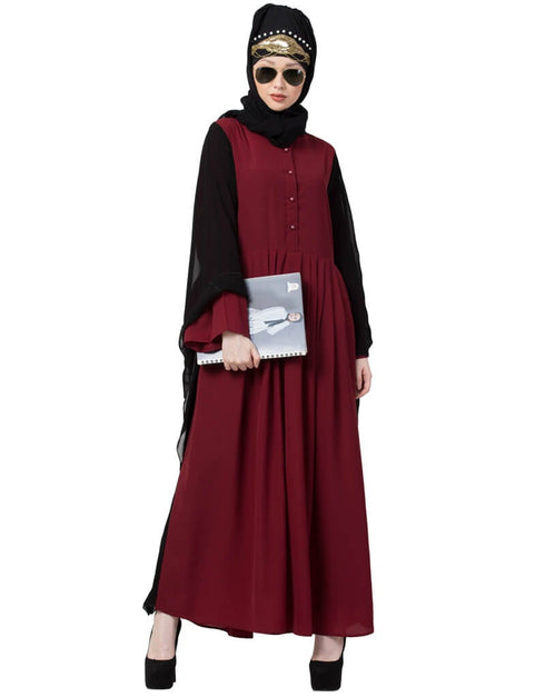 Islamic Contrast Butterfly Sleeve Pleated Abaya Maroon