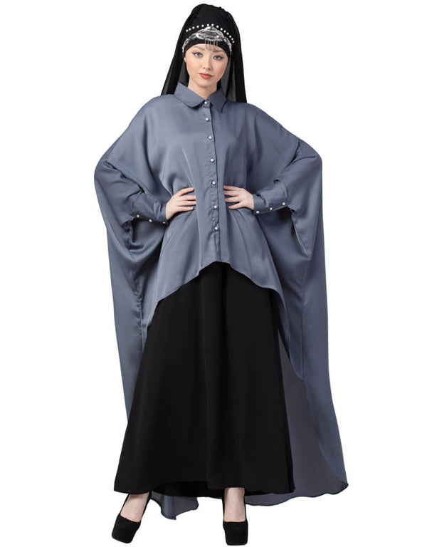 Women Front Open Shirt Kaftan With Inner Casual Abaya Grey