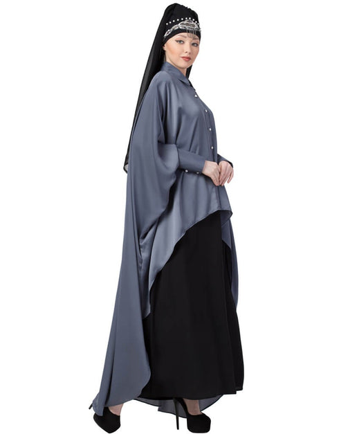Women Front Open Shirt Kaftan With Inner Casual Abaya Grey