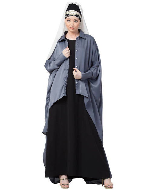 Women Front Open Shirt Kaftan With Inner Casual Abaya Grey